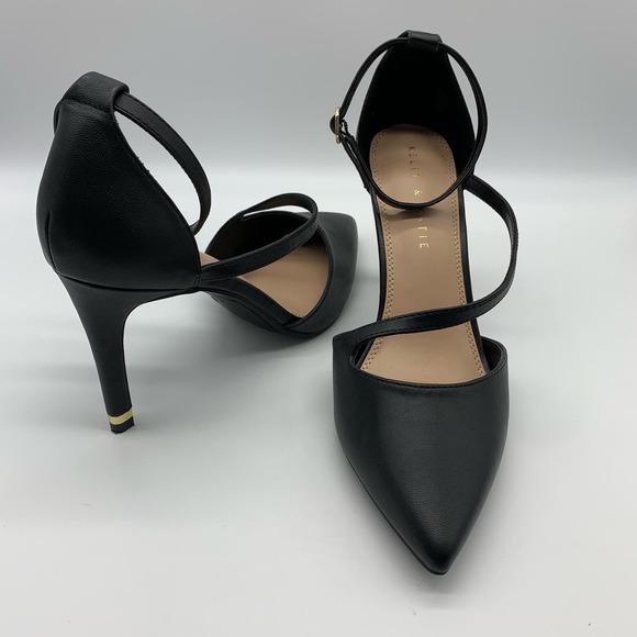 Kelly & Katie Shoes - Kelly & Katie Pointed Toe Black Strappy Black Pumps With Gold Trim Heel Sz 10M